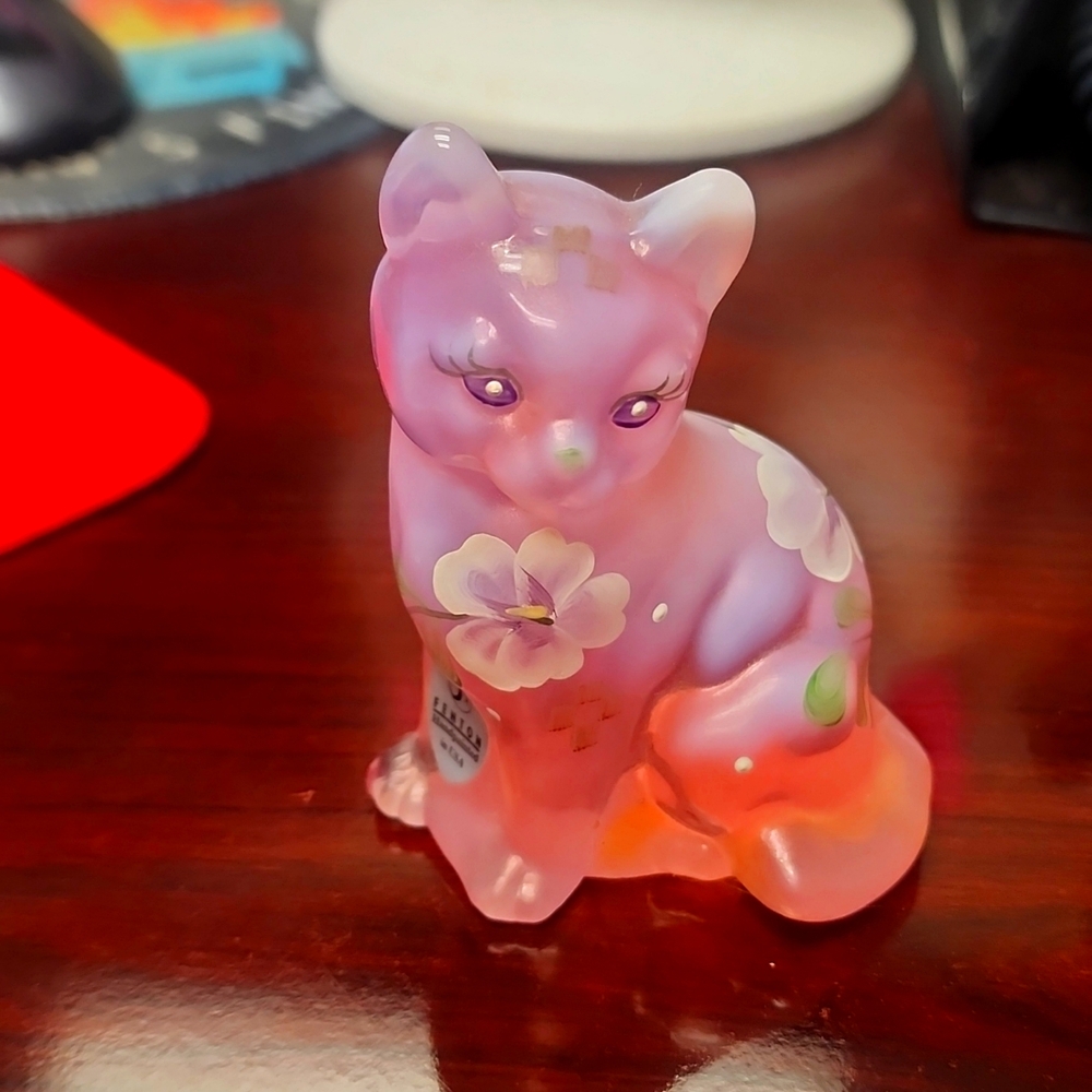 Vintage Fenton Glass Cat Pink signed